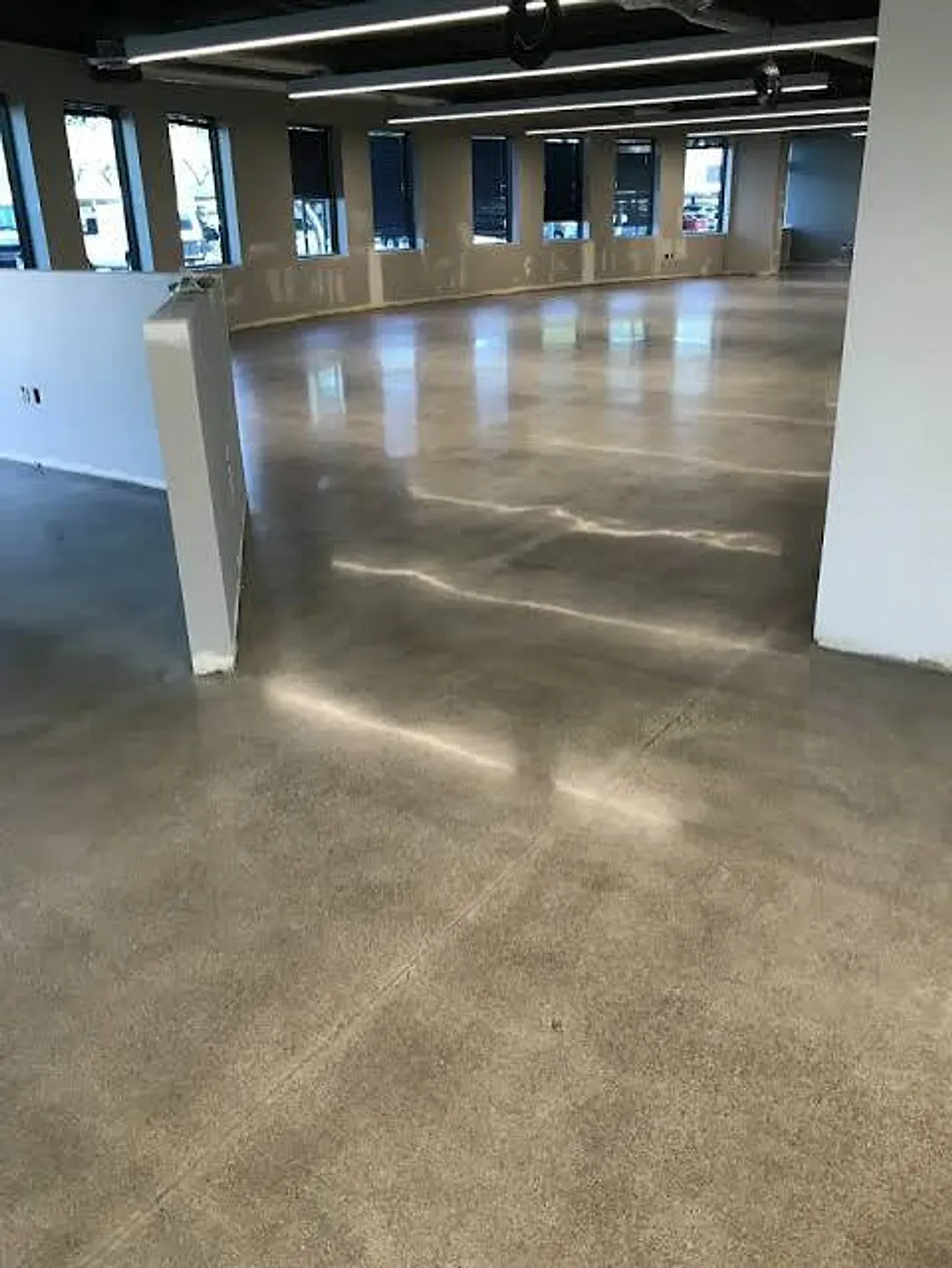 Ground and sealed concrete floor in an open office, with window light reflecting off the smooth, polished surface